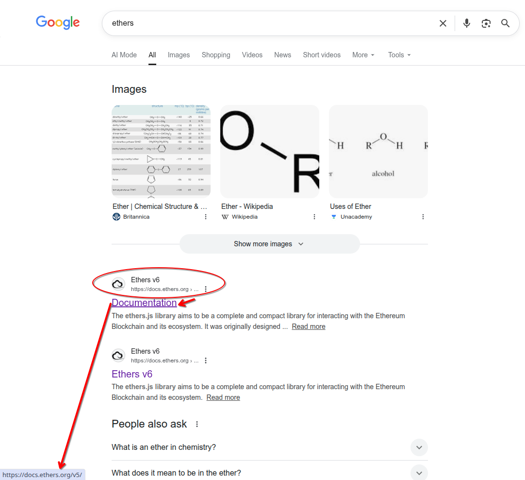 Ethers v6 link directs to the v5 document